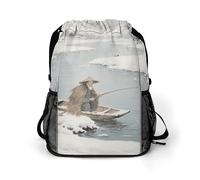 Small Gym Bag Fishing Alone in The Cold River Printed Drawstring Gym Bag for Men Lightweight Waterproof Drawstring Backpack for Women with Shoe Compartment for Travel Tourism Work and Fitness
