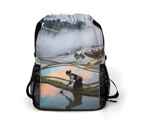 Small Gym Bag Hani Terraces and Sea of Clouds Printed Drawstring Gym Bag for Men Lightweight Waterproof Drawstring Backpack for Women with Shoe Compartment for Travel Tourism Work and Fitness