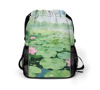 Small Gym Bag Lotus Pond in Summer Printed Drawstring Gym Bag for Men Lightweight Waterproof Drawstring Backpack for Women with Shoe Compartment for Travel Tourism Work and Fitness