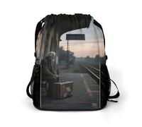 Small Gym Bag Old Train Station Platform at Dusk Printed Drawstring Gym Bag for Men Lightweight Waterproof Drawstring Backpack for Women with Shoe Compartment for Travel Tourism Work and Fitness