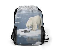 Small Gym Bag Polar Bears Foraging for Food Printed Drawstring Gym Bag for Men Lightweight Waterproof Drawstring Backpack for Women with Shoe Compartment for Travel Tourism Work and Fitness