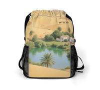 Small Gym Bag Sahara Desert Oasis Printed Drawstring Gym Bag for Men Lightweight Waterproof Drawstring Backpack for Women with Shoe Compartment for Travel Tourism Work and Fitness
