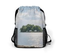 Small Gym Bag Seagull Island Printed Drawstring Gym Bag for Men Lightweight Waterproof Drawstring Backpack for Women with Shoe Compartment for Travel Tourism Work and Fitness