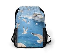 Small Gym Bag Seagulls Chasing Boats Printed Drawstring Gym Bag for Men Lightweight Waterproof Drawstring Backpack for Women with Shoe Compartment for Travel Tourism Work and Fitness