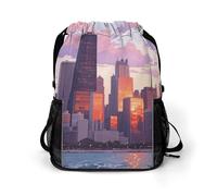 Small Gym Bag Skyline at Dusk Printed Drawstring Gym Bag for Men Lightweight Waterproof Drawstring Backpack for Women with Shoe Compartment for Travel Tourism Work and Fitness