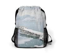 Small Gym Bag Snow on The Broken Bridge Printed Drawstring Gym Bag for Men Lightweight Waterproof Drawstring Backpack for Women with Shoe Compartment for Travel Tourism Work and Fitness