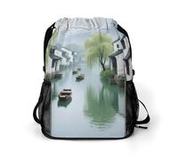 Small Gym Bag Spring Scenery in The Water Village Printed Drawstring Gym Bag for Men Lightweight Waterproof Drawstring Backpack for Women with Shoe Compartment for Travel Tourism Work and Fitness