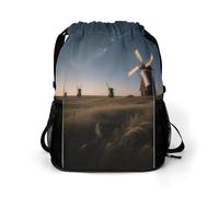 Small Gym Bag Starry Sky Windmill Printed Drawstring Gym Bag for Men Lightweight Waterproof Drawstring Backpack for Women with Shoe Compartment for Travel Tourism Work and Fitness