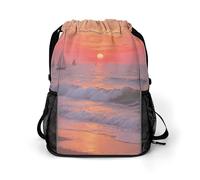 Small Gym Bag Sunrise on The Seaside Printed Drawstring Gym Bag for Men Lightweight Waterproof Drawstring Backpack for Women with Shoe Compartment for Travel Tourism Work and Fitness
