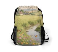 Small Gym Bag Tranquil Countryside Printed Drawstring Gym Bag for Men Lightweight Waterproof Drawstring Backpack for Women with Shoe Compartment for Travel Tourism Work and Fitness