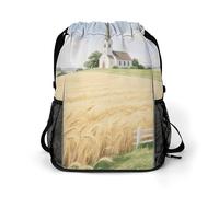 Small Gym Bag Village Church Printed Drawstring Gym Bag for Men Lightweight Waterproof Drawstring Backpack for Women with Shoe Compartment for Travel Tourism Work and Fitness