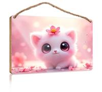 Small Hanging Sign Adorable Kitten with Pink Flower Crown Wooden Sign Hanging Decor Door Boys Bedroom Decorations(15X28CM)