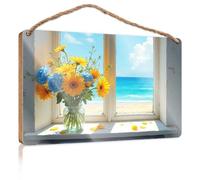 Small Hanging Sign Beachside Serenity: Flowers By The Sea Wooden Sign Man Cave Decor Decorations For The Kitchen(23X35CM)