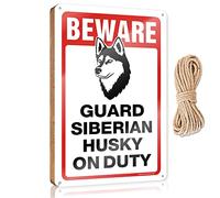 Small Hanging Sign Beware! Guard Siberian Husky On Duty Wooden Sign Funny Bathroom Decor Hanging Decor Sign(20X30CM)