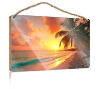 Small Hanging Sign Sunset On The Beach with Palm Trees Wooden Sign Hanging Decor Door Boys Bedroom Decorations(23X35CM)