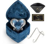 Small Heart Shaped Keepsake Cremation Urns for Human Ashes - Mini Blue Brass Urn with Velvet Heart Box and Stand - Holds Small Portion of Male or Female Human or Pet Ashes
