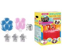 Small helium balloon canister with 6 x12" Pink and 6 x12" Blue latex balloon, 3 Silver balloon weights and 10m Ribbon - Canister fills upto 30 x 9 inch latex balloons
