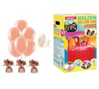 Small helium canister with 12x12" Rose Gold latex balloon, 3 Rose Gold weights and 10m Ribbon - Canister fills upto 30 x 9 inch latex balloons
