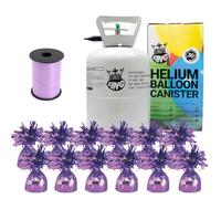 Small Helium Canister with Curling Ribbon and 12 Lavender Foil Balloon Weights