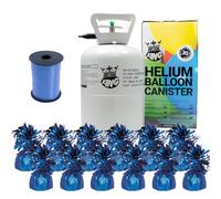 Small Helium Canister with Curling Ribbon and 12 Royal Blue Foil Balloon Weights