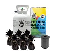 Small Helium Canister with Curling Ribbon and 6 Black Foil Balloon Weights