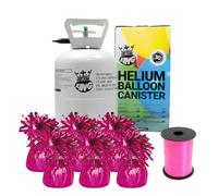 Small Helium Canister with Curling Ribbon and 6 Hot Pink Foil Balloon Weights