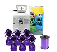 Small Helium Canister with Curling Ribbon and 6 Purple Foil Balloon Weights