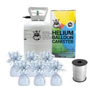 Small Helium Canister with Curling Ribbon and 6 White Foil Balloon Weights