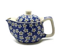 Small Herbal Teapot, Ceramic and Metal Strainer, Blue Daisy Pattern, 17x11x11 cm