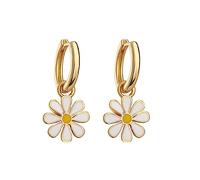 Small Hoop With Daisy Flower Charm Earrings for Women Teen Girls Cartilage Nickel Free Dainty Cute 14K Gold Plated Lucky Flowers Short Dangle Drop Piercing Hinged Huggie Hoops Fashion Jewelry (White)