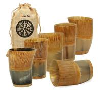 Small Horn Cups Set of 6 - 3.2 oz Viking Shot Glasses Handmade from Real Ox Horn | Rustic Hand-Carved Drinkware for Whiskey, Mead, Gifting, Parties, and Bar Decor | Includes Burlap Pouch
