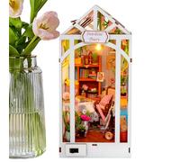 Small House Construction Kit | Miniature Wooden House Bookcase Insert - Decoration with LED Lights for Office Library, School Library Classroom Living Room Christmas Halloween