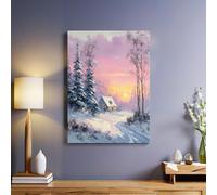 Small house under the snow Canvas Wall Art 60 x 40 cm Sunset Framed Bathroom Poster Print Waterproof Picture with Hooks Ready to Hang Modern Home Decoration