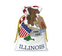 Small Illinois State Flag Print Christmas Drawstring Candy Bags, Reusable Fabric Sacks, Gift Bag for Xmas Holiday Present Wrap