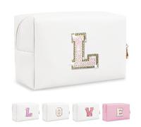 Small Initial Patch Makeup Bag Personalized Gifts Make Up Bag,White Cute PU Leather Glitter Letter Cosmetic Bag with Zipper,Trendy Portable Travel Toiletry Pouch,Preppy Stuff for Teen Girls Women L