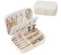 Small Jewellery Box with Removable Compartment, Portable Women Jewelry Organiser, PU Leather Storage Case, Mini Travel Premium Gift Boxes for Girls Ring, Earrings, Necklaces, Bracelet, Lipstick(White)