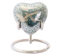 Small Keepsake Aluminium Heart Cremation Urn For Ashes With New Improved Lid, Mini Heart Memorial Urn With Box & Stand (Blue Flying Birds)