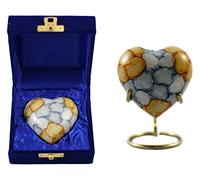 Small Keepsake Heart Cremation Urn For Ashes, OUR BEACH Mini Heart Memorial Urn With Box & Stand Brass keepsake heart urn, Blue/Yellow