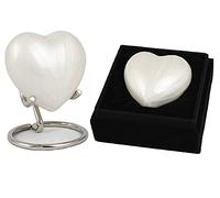 Small Keepsake Heart Cremation Urn For Ashes With New Improved Lid, Mini Heart Memorial Urn With Box & Stand (Pearl White Aluminium)