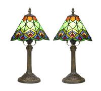 Small Lamp Stained Glass Table Lamp, Antique Bedside Accent Lamp, 8X8X15 Inch Desk Reading Light Decor Beside Bedroom Living Room Home Study Office 2pcs,