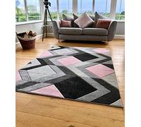 Small Large Blush Pink Silver Grey Geometric Design Rugs Runners Mats (80x150cm)