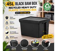 Wham Bam Upcycled Heavy Duty Black 45L Medium Plastic Stackable Storage Box With Lid