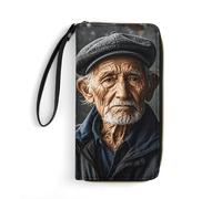 Small Leather Bag with Wristlet Lonely Old Man Printed Genuine Leather Wallet for Men And Women Exquisite And Personalized Portable Wallet, white, 19.7x10.5cm