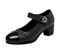 Small Leather Shoes Round Head Soft Leather Soft Sole Non Slip Middle Heel Dancing Shoes Thick Heeled Work Shoes Female Ladies lip On Shoes Wide Fit (Black, 4.5)