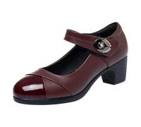 Small Leather Shoes Round Head Soft Leather Soft Sole Non Slip Middle Heel Dancing Shoes Thick Heeled Work Shoes Female Ladies lip On Shoes Wide Fit (Red, 4)