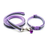 Small Lilac Reflective Dog Puppy Pet Collar and Lead Set Hi Vis Strip Nylon Adjustable Size 19-32cm Collar with Bell and 120cm Leash Violet Light Purple