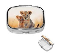 Small Lion Pill Box 2 Compartment Medicine Pill Organizer Square Pill Case for Purse & Pocket Travel Pillbox Portable Metal Medicine Vitamin Fish Oil Organizer Unique Gift