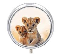 Small Lion Travel Pill Box Case 3 Compartment Cute Pill Organizer Metal Pill Holder with Mirror Small Medicine Organizer Daily Pill Container for Purse Pocket Portable Meds Box