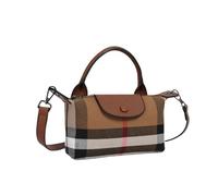 Small Luxury Plaid Handbag for Women, Top Handle Luxury Canvas Crossbody Bag Genuine Leather Shoulder Purse Satchel, Brown