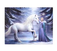 Small Magical Winter Scene And White Unicorn Canvas Print Plaque By Anne Stokes. Height 19 Cm, Width 25 Cm.